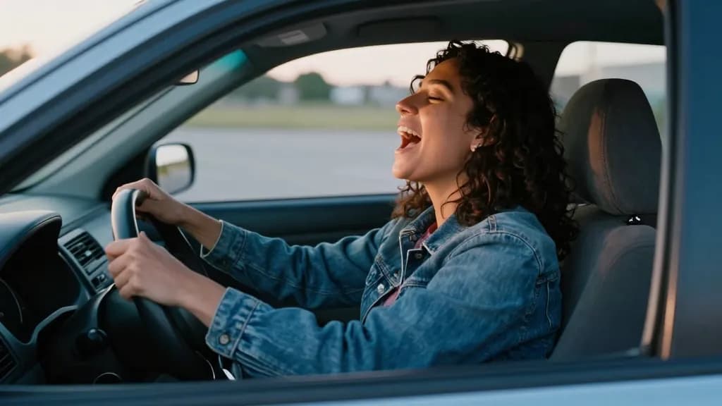 A Latina woman in her late twenties with dark curly hair is singing loudly alone in the parked car with her head tipped back against the headrest, the window…