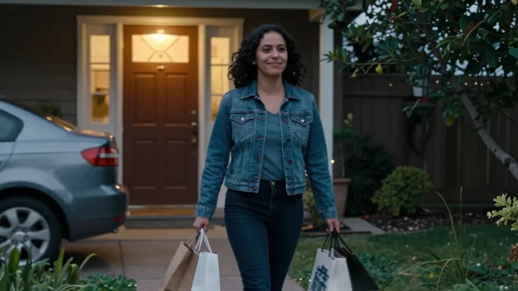 A Latina woman in her late twenties with dark curly hair is carrying shopping bags up a garden path toward a lit front door, composed and ordinary, the car l…