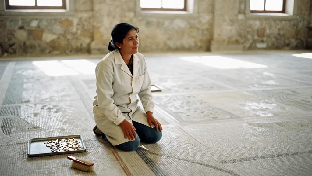 A Latina woman in her forties with dark hair tied up is kneeling at the edge of a large uncovered floor mosaic in a stone building, trays of loose tesserae b…