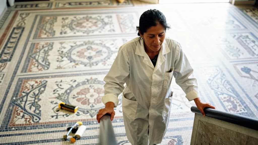 A Latina woman in her forties with dark hair tied up is standing on a raised walkway above the mosaic looking down at the entire floor, the pattern legible f…