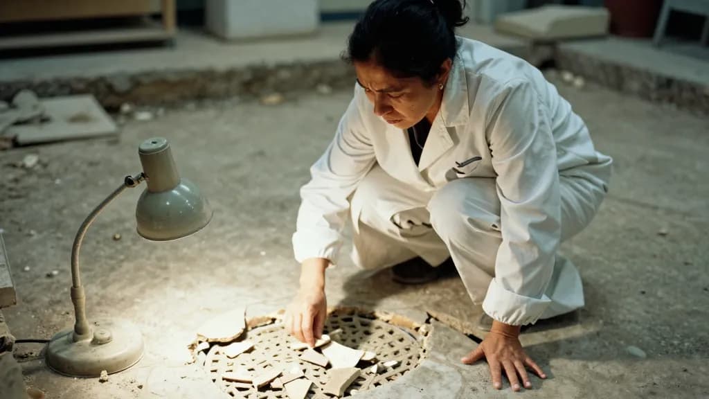 A Latina woman in her forties with dark hair tied up is crouched over a disturbed section where the pattern breaks, loose pieces gathered in a tray beside he…