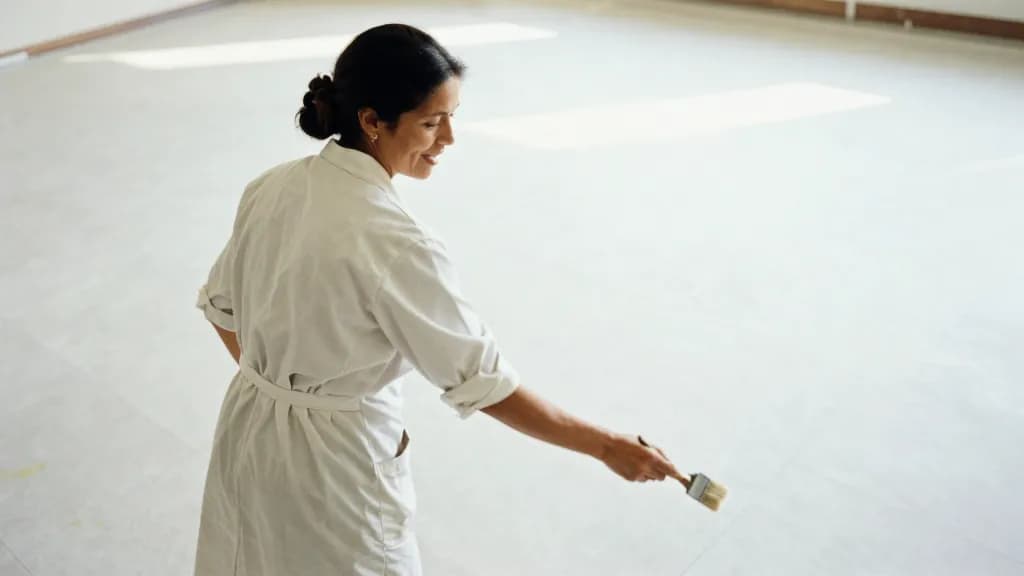 A Latina woman in her forties with dark hair tied up is standing back from the finished section with the brush in one hand, the repaired area now continuous…