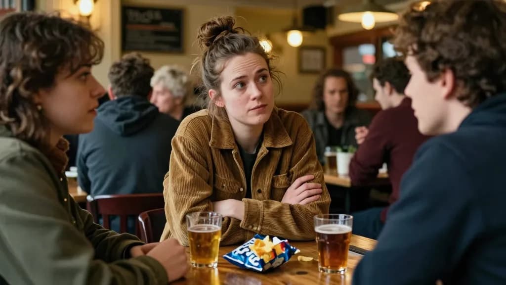 A white woman in her thirties with hair in a messy bun is sitting at a pub table with three friends mid conversation, drinks and a packet of crisps opened fl…