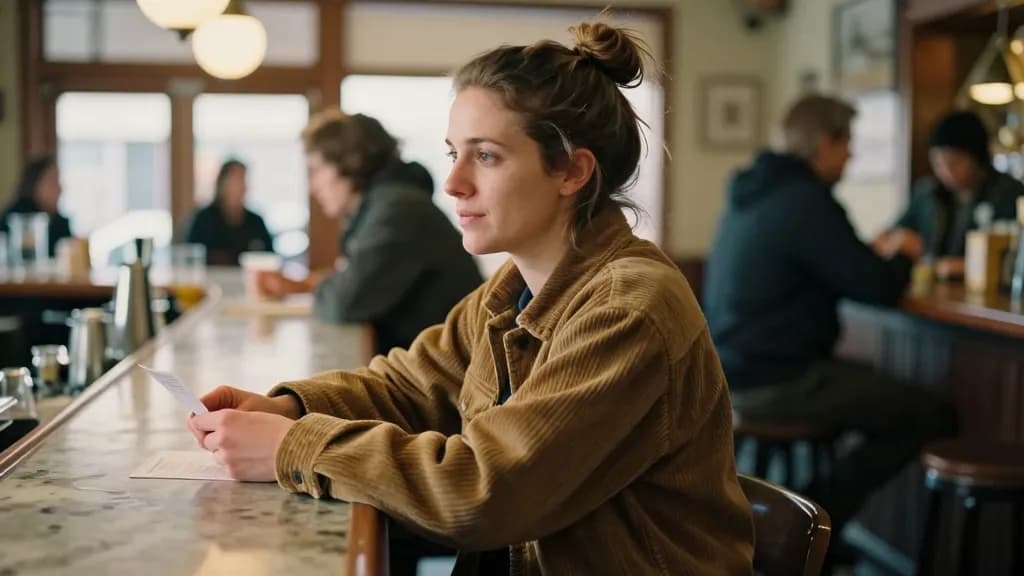 A white woman in her thirties with hair in a messy bun is standing at a bar waiting to be served, leaning on the counter with a note held low in one hand and…