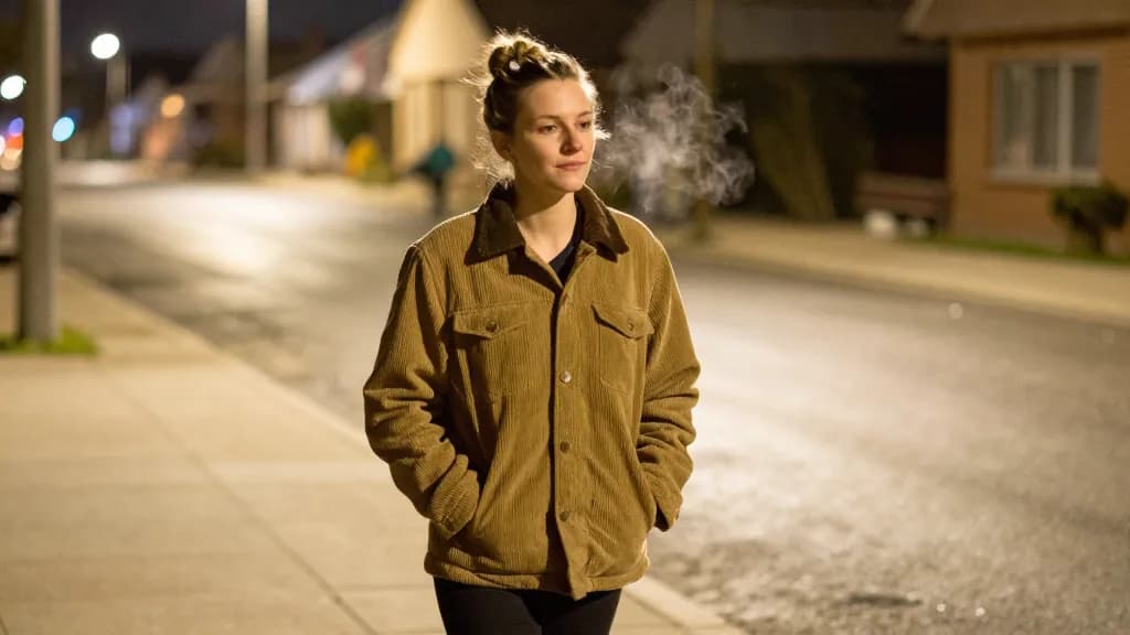 A white woman in her thirties with hair in a messy bun is walking home along a quiet lit street on her own, hands in her jacket pockets and her breath showing