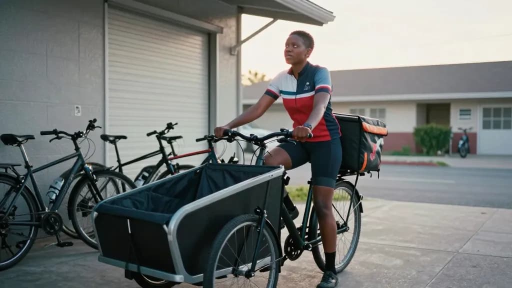 A Black woman in her early thirties with short natural hair is standing in the yard of a small bike courier depot at dawn with a loaded cargo bike beside her…