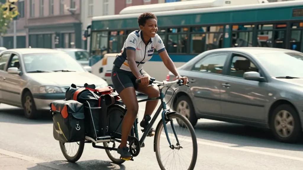 A Black woman in her early thirties with short natural hair is riding the loaded cargo bike through morning city traffic between stopped cars, panniers full…
