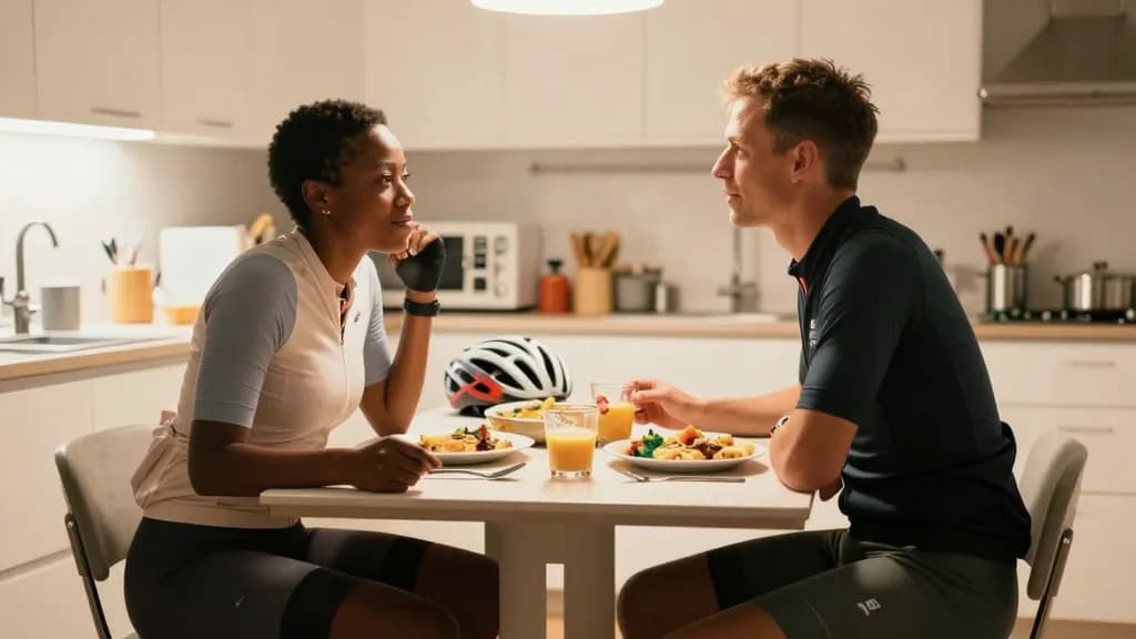 A Black woman in her early thirties with short natural hair is sitting at a kitchen table opposite her partner in the evening, dinner finished and both of th…