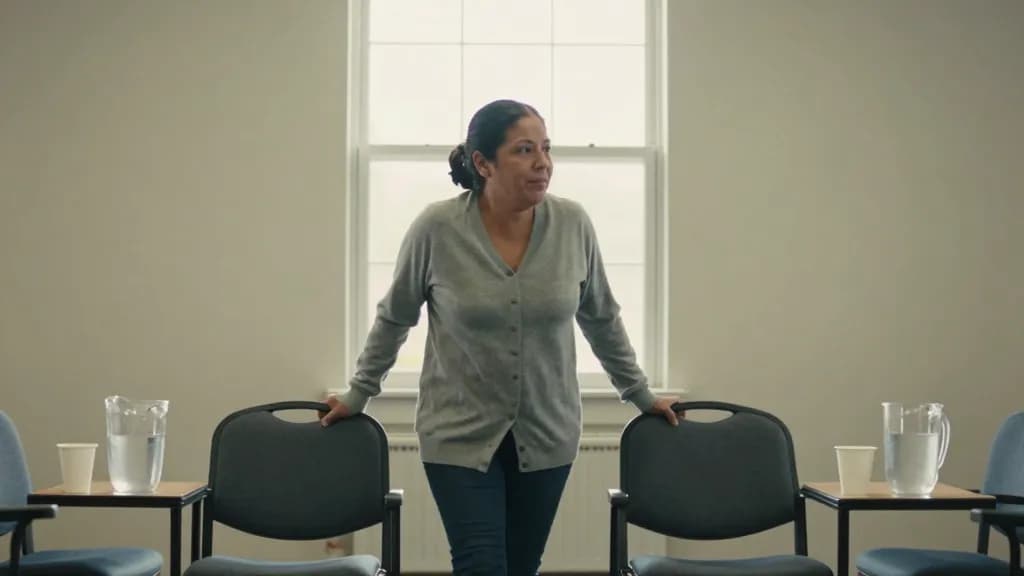 A Latina woman in her forties with dark hair in a low bun is standing in a plain community mediation room between two sets of empty chairs facing each other,…