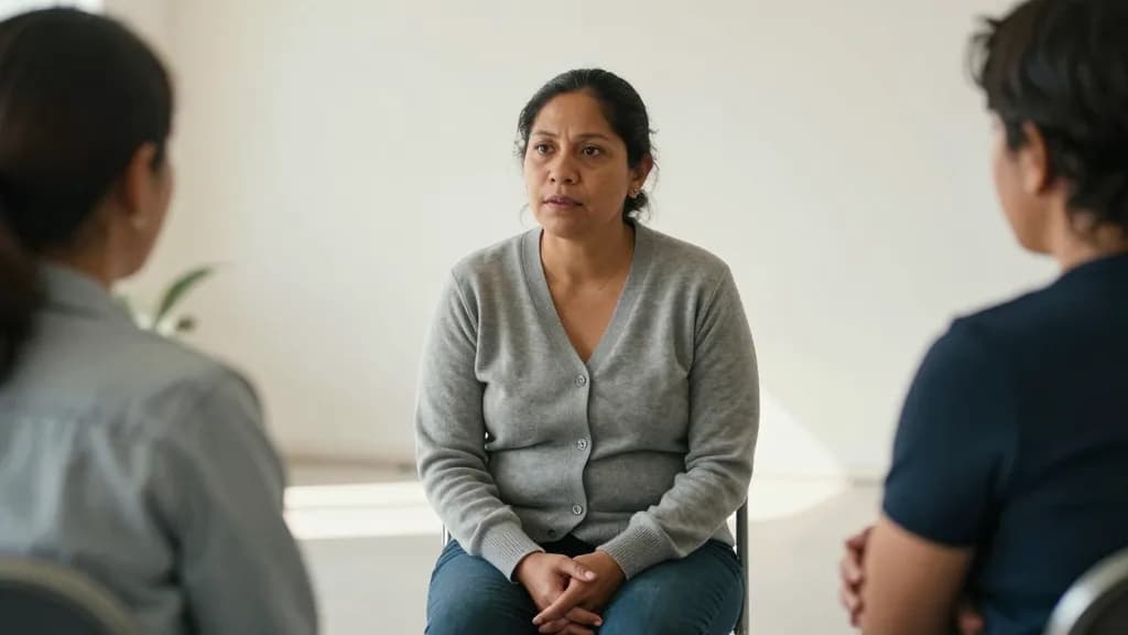 A Latina woman in her forties with dark hair in a low bun is sitting at the head of the mediation circle listening to one of two people mid sentence, the oth…