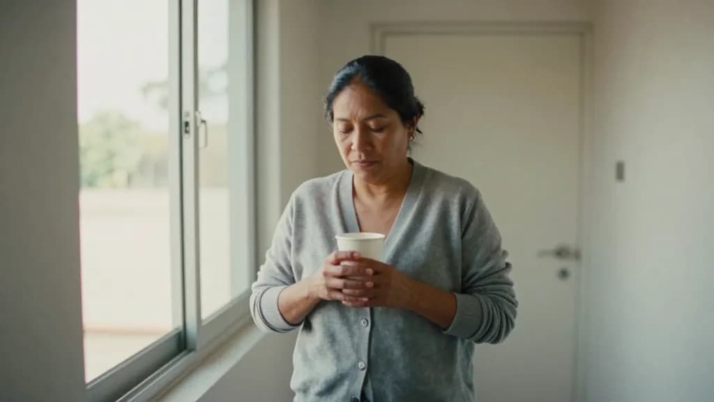 A Latina woman in her forties with dark hair in a low bun is standing at a window in the corridor outside the room during a break with a paper cup, the corri…