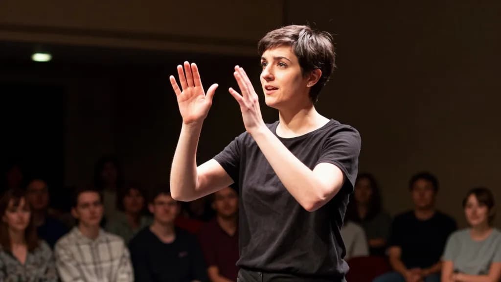 A white woman in her late twenties with cropped dark hair is standing at the side of a small theatre stage interpreting a performance into sign language, the…