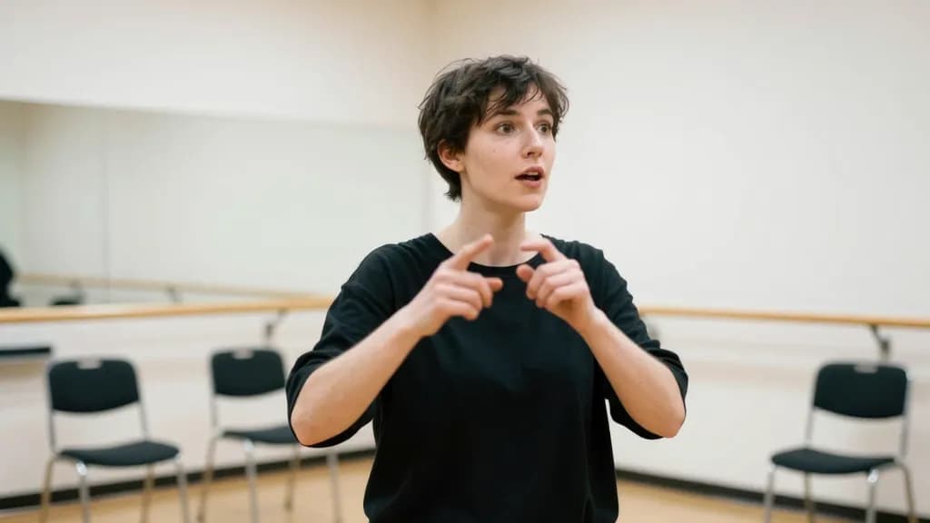 A white woman in her late twenties with cropped dark hair is standing in a rehearsal room working through a passage with a performer, chairs pushed back and…
