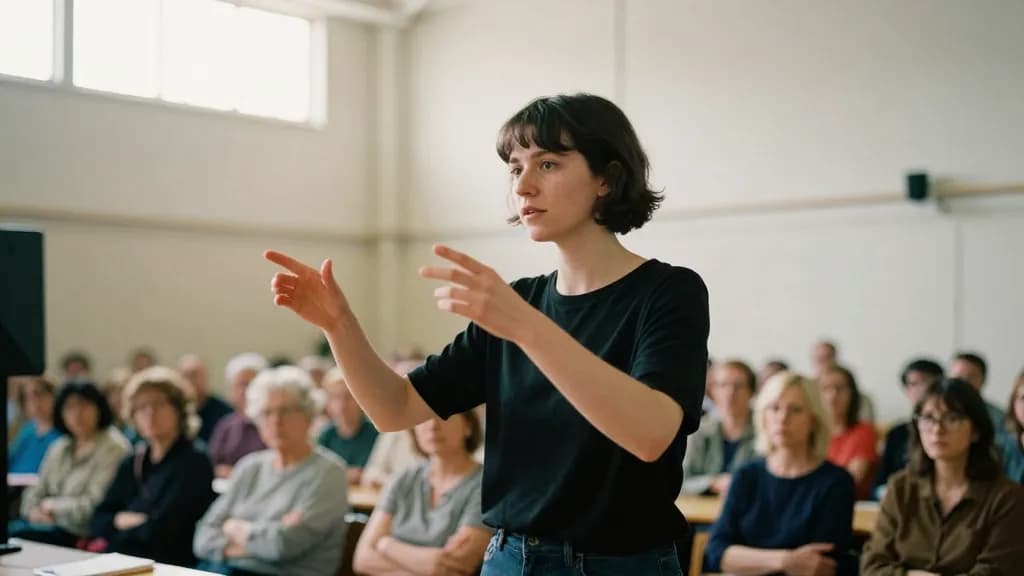 A white woman in her late twenties with cropped dark hair is standing at the front of a busy community hall interpreting a public meeting, rows of seated peo…