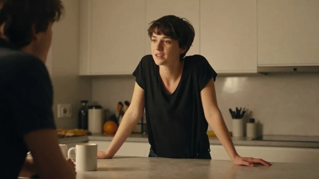 A white woman in her late twenties with cropped dark hair is sitting on a kitchen counter late at night talking with her partner leaning opposite, two mugs a…