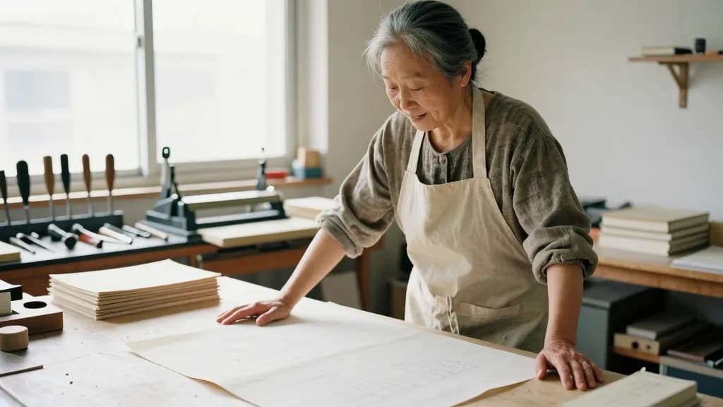 An East Asian woman in her fifties with grey-streaked hair pinned up is standing at a bookbinder's bench in a workshop, a nipping press and a row of hand too…