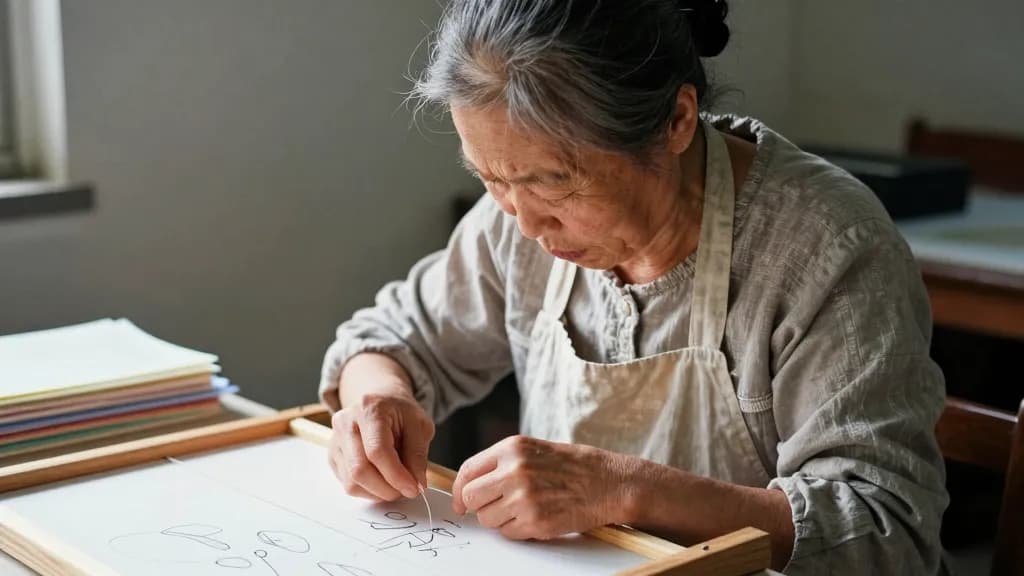An East Asian woman in her fifties with grey-streaked hair pinned up is sewing signatures on a wooden frame at the bench, thread running through her fingers…