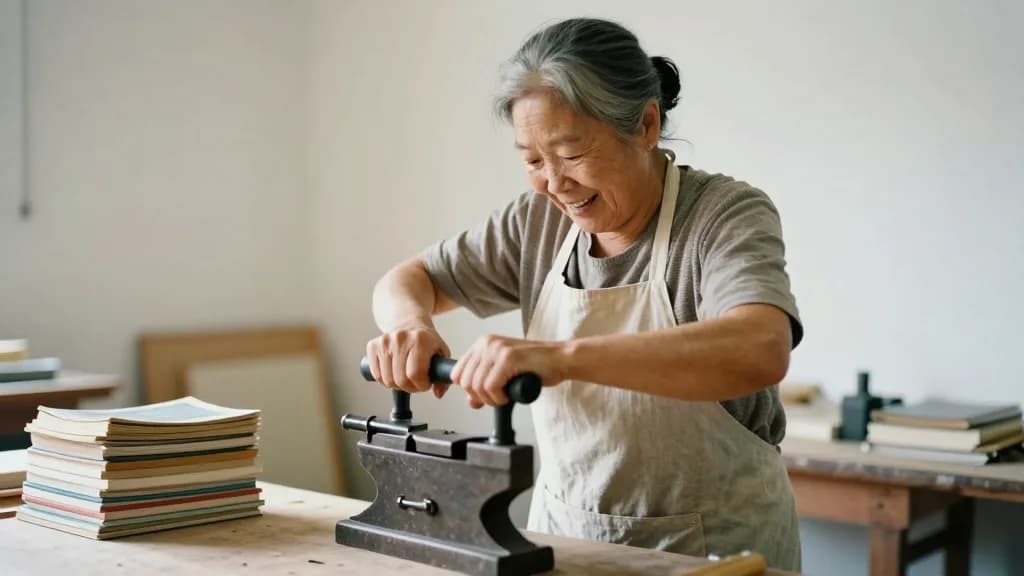 An East Asian woman in her fifties with grey-streaked hair pinned up is tightening a large iron nipping press with both hands on the handle, a stack of press…