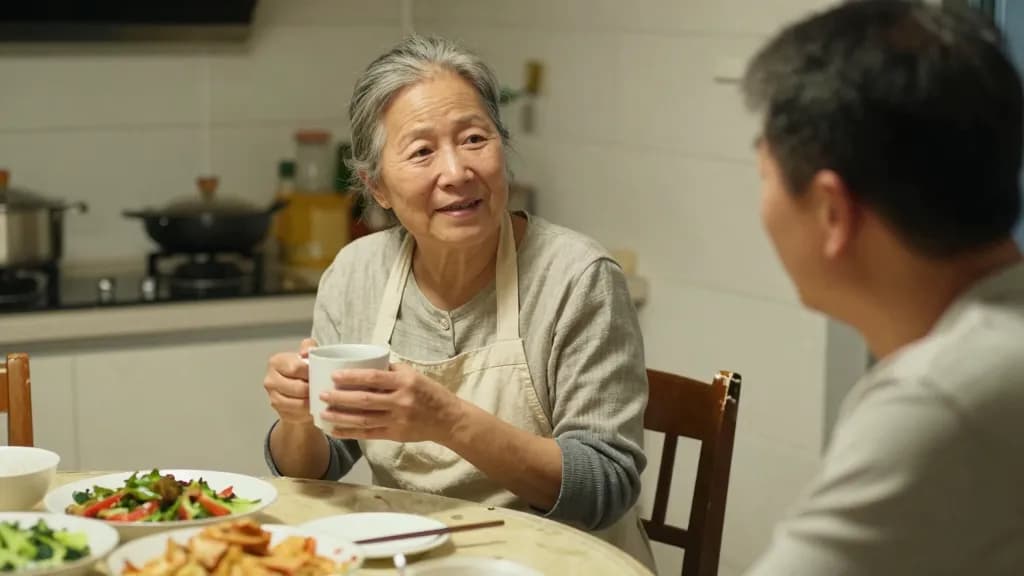 An East Asian woman in her fifties with grey-streaked hair pinned up is sitting at a kitchen table with her husband in the evening, a repaired chair leg on t…