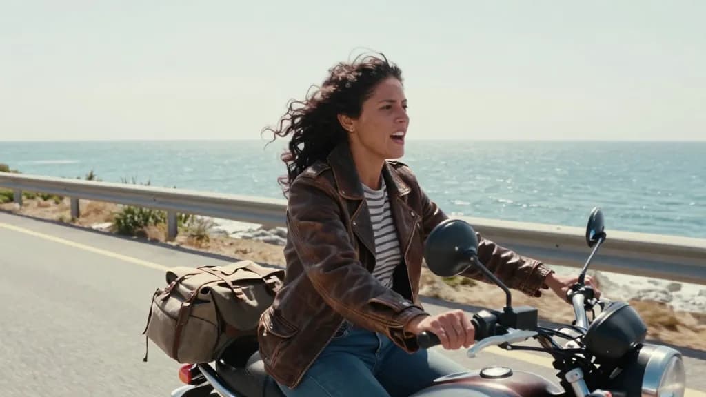 A Latina woman in her mid twenties with dark curly hair is riding pillion on a motorcycle along an empty coastal highway at midday, the sea flat and bright t…