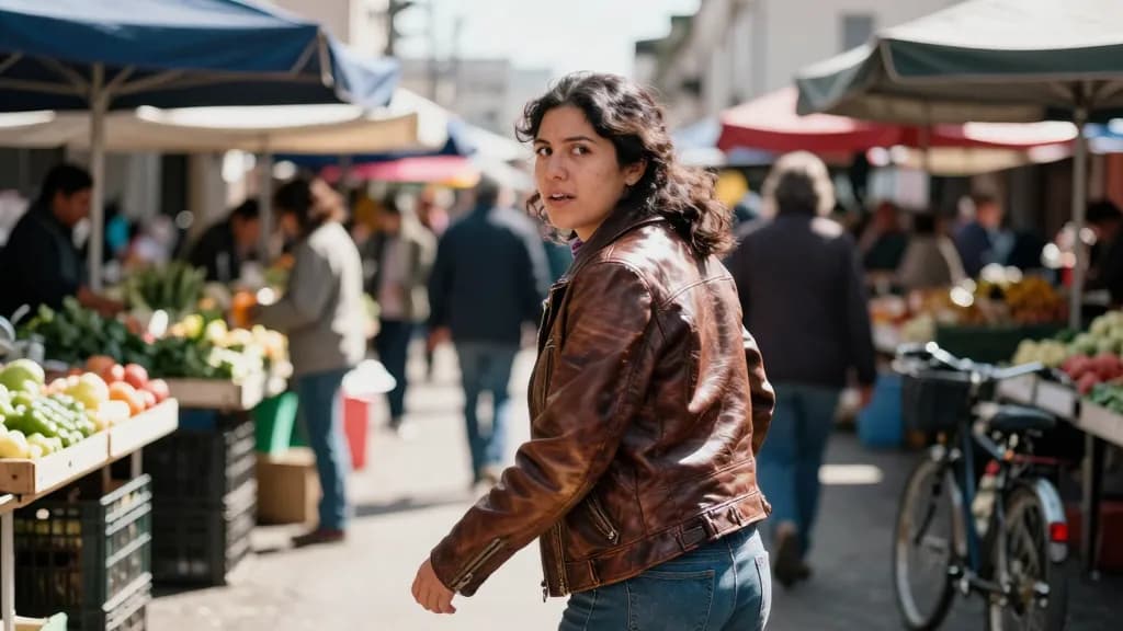 A Latina woman in her mid twenties with dark curly hair is moving through a crowded Saturday street market, stalls of produce and folded awnings crowding bot…