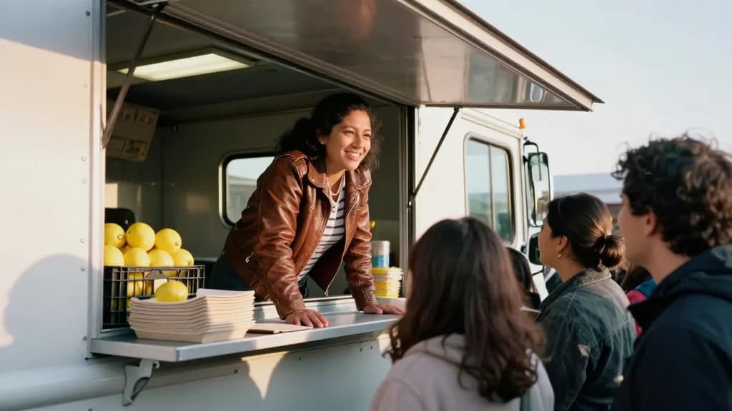A Latina woman in her mid twenties with dark curly hair is leaning out of the serving hatch of a food truck parked at a street fair, the awning propped open…