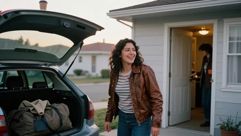 A Latina woman in her mid twenties with dark curly hair is standing at the open boot of a car outside a small house at dawn, a duffel bag and a folded coat i…