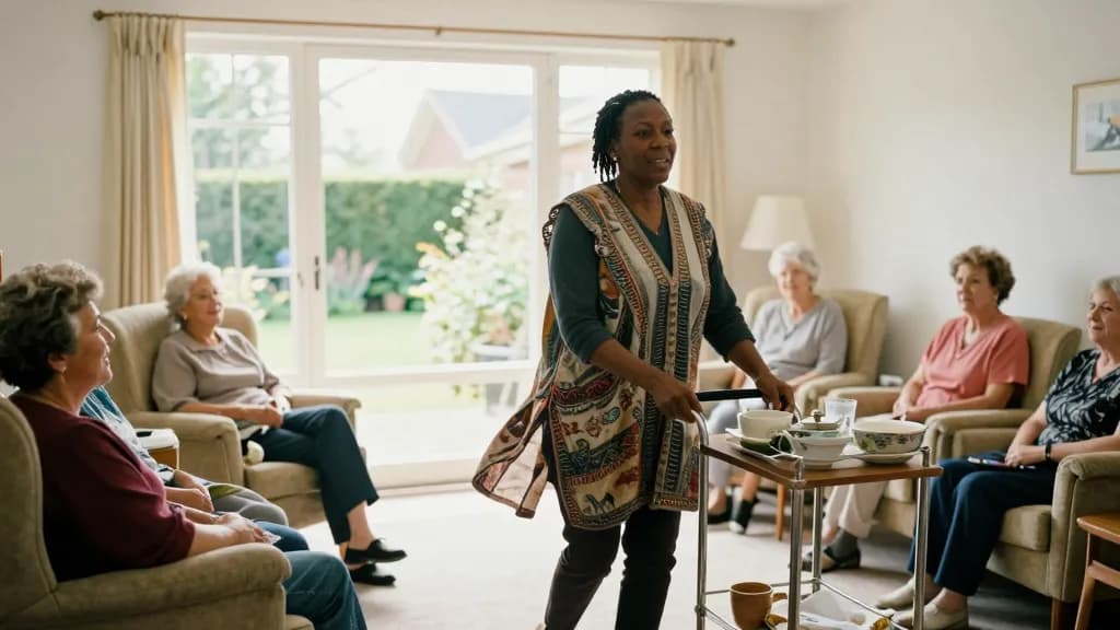 A Black woman in her forties with braids gathered up is standing in the bright front room of a residential care home surrounded by residents in armchairs, a…