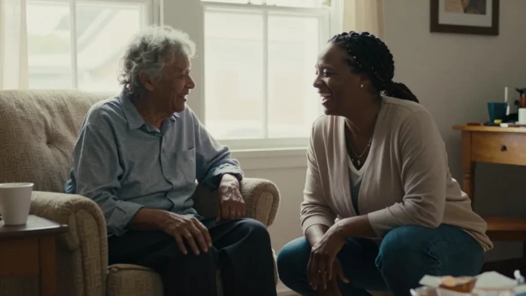 A Black woman in her forties with braids gathered up is crouched beside an elderly resident's armchair mid conversation, a cup set down on the side table and…