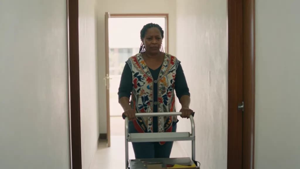 A Black woman in her forties with braids gathered up is pushing the tea trolley down a corridor of the home, doorways either side and a handrail-free painted…