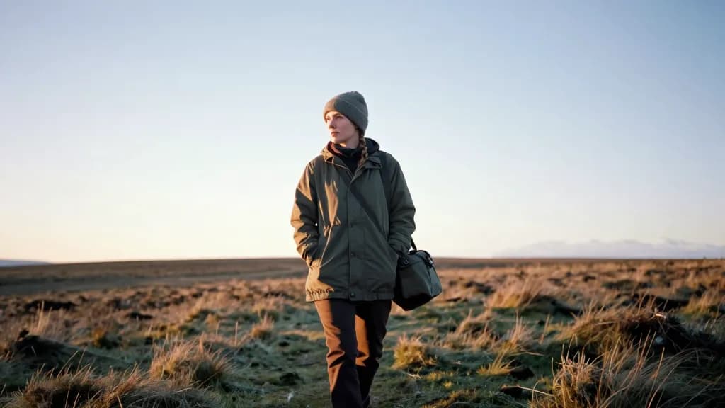 A white woman in her thirties with hair in a plait under a wool hat is standing alone on a windswept moor at first light with a survey bag over one shoulder,…