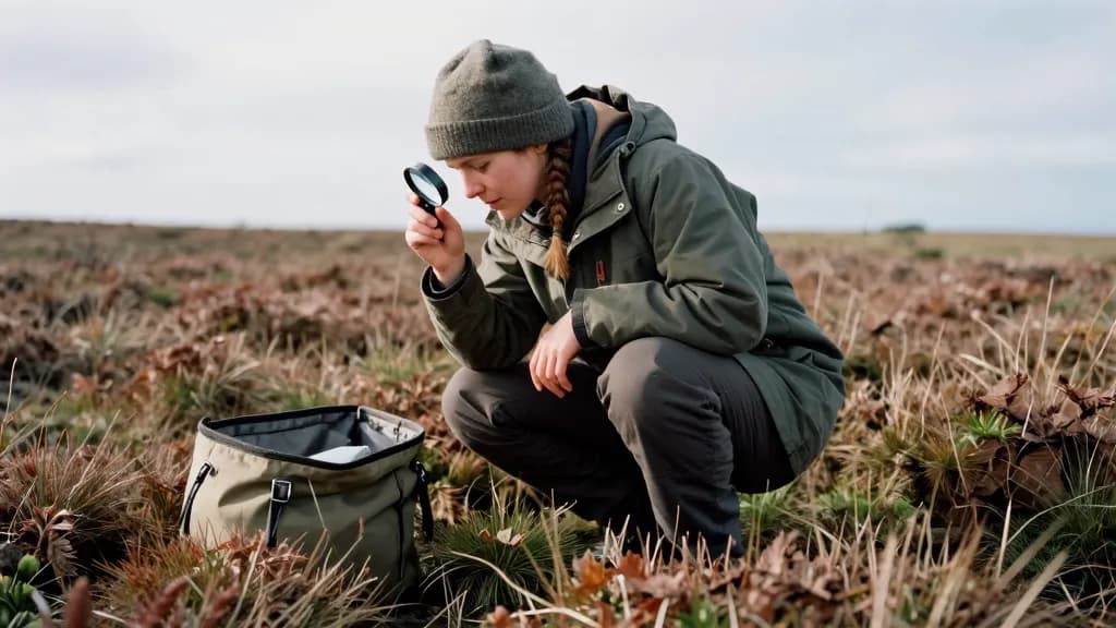 A white woman in her thirties with hair in a plait under a wool hat is crouched over a marked quadrat of moorland vegetation with a hand lens, the survey bag…