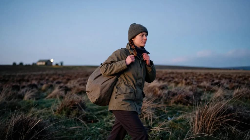 A white woman in her thirties with hair in a plait under a wool hat is walking back across the moor at dusk with the bag on her shoulder, the light nearly go…