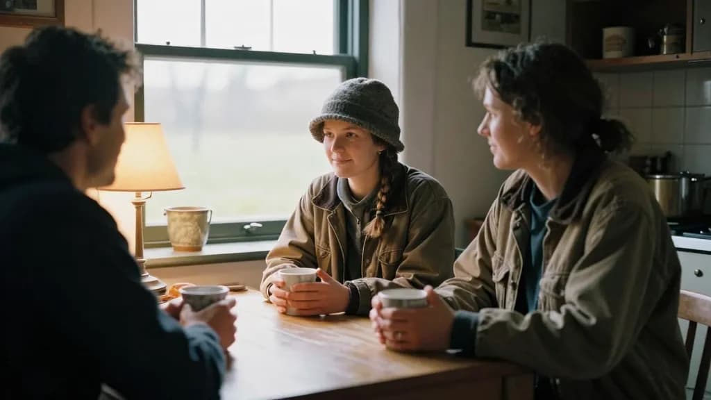 A white woman in her thirties with hair in a plait under a wool hat is sitting at a kitchen table opposite her partner in a small cottage kitchen, a lamp on…