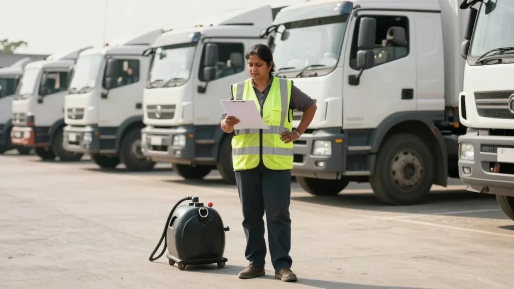A South Asian woman in her forties with dark hair tied back is standing in the middle of a haulage yard with lorries parked in a row behind her, a clipboard…