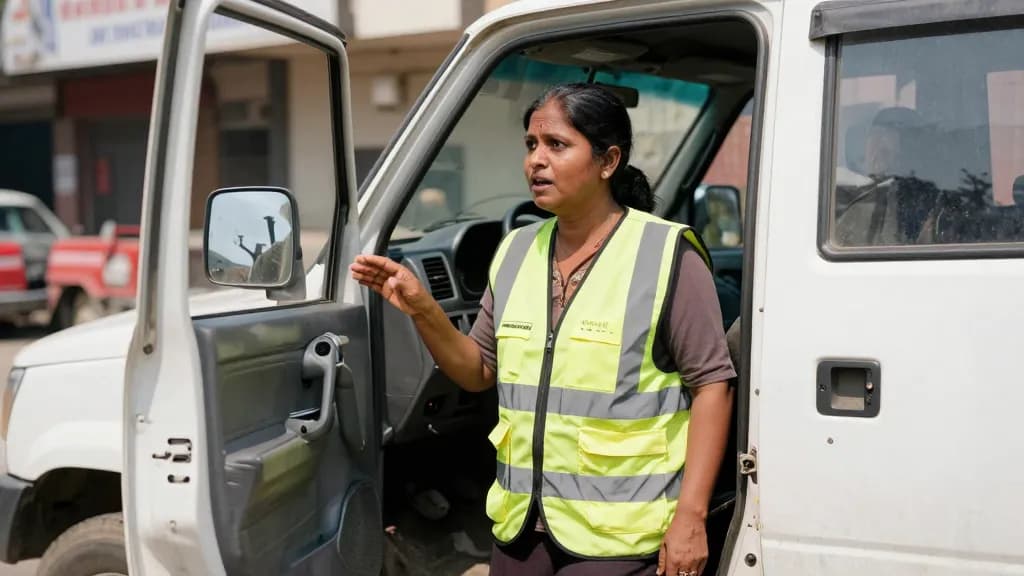 A South Asian woman in her forties with dark hair tied back is standing beside an open cab door talking up to a driver in the seat, the yard busy behind her