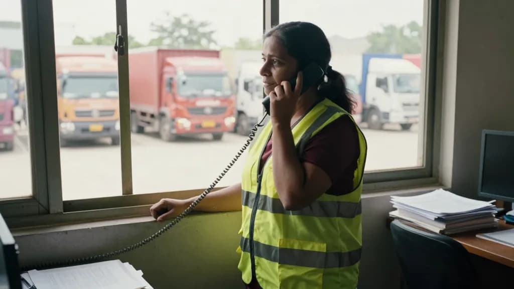 A South Asian woman in her forties with dark hair tied back is standing in a small yard office at the window looking out over the trucks, a desk of paperwork…