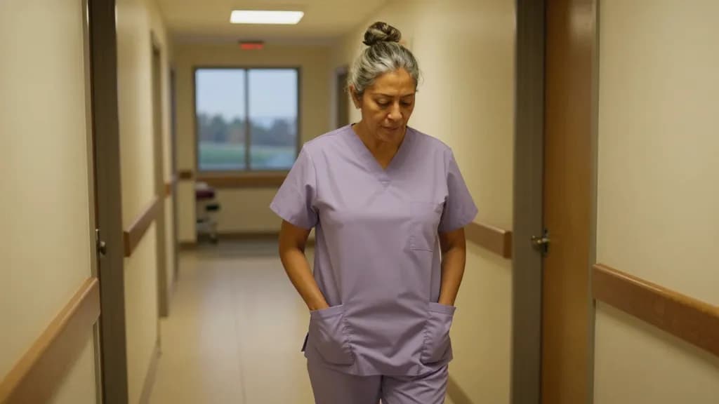 A Latina woman in her fifties with grey-streaked hair in a bun is standing in the corridor of a hospice at the end of a shift, doorways along one side and a…