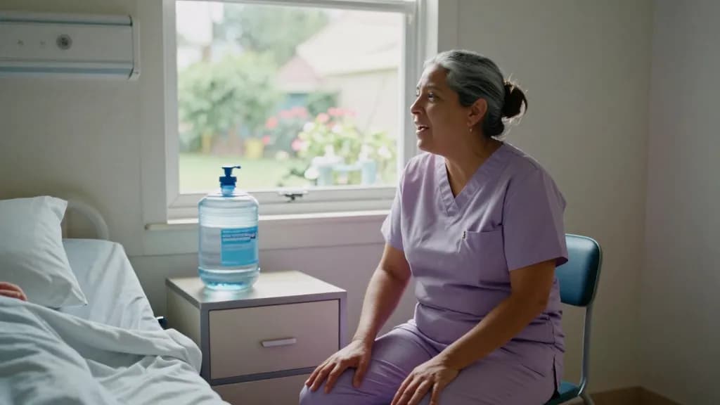 A Latina woman in her fifties with grey-streaked hair in a bun is sitting on a chair beside a patient's bed in a quiet room, a jug of water on the side table…
