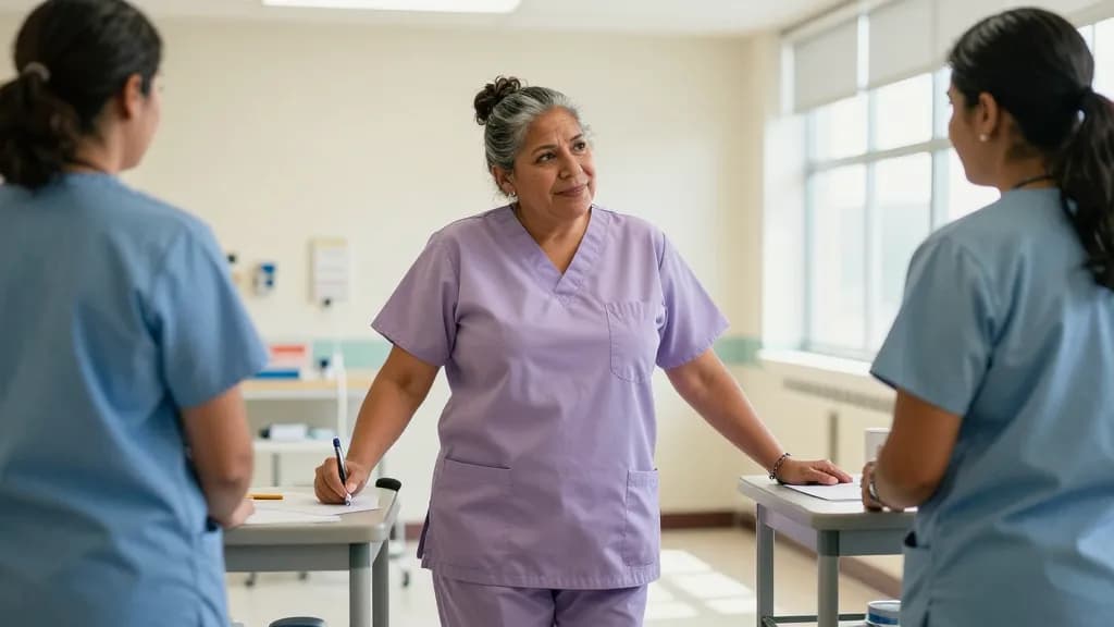 A Latina woman in her fifties with grey-streaked hair in a bun is standing at a nurses' station writing nothing while two colleagues work either side of her,…