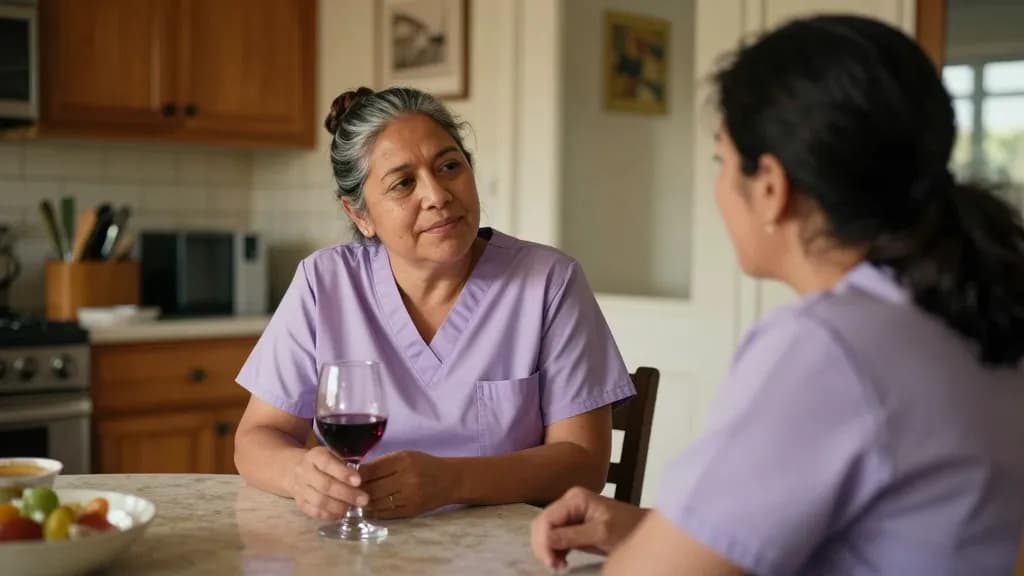 A Latina woman in her fifties with grey-streaked hair in a bun is sitting at her own kitchen table at home with a glass of wine and her sister opposite, the…