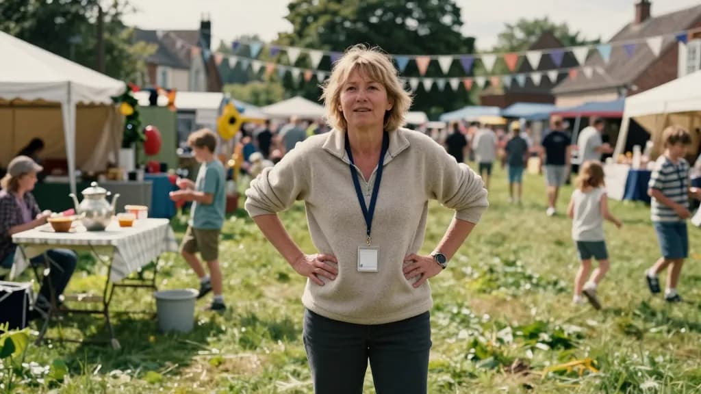 A white woman in her fifties with short sandy hair is standing in the middle of a village green during a summer fete with stalls and bunting all around her,…