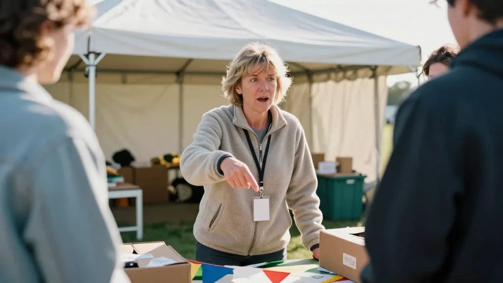 A white woman in her fifties with short sandy hair is standing at a trestle giving instructions to three volunteers, boxes of bunting at their feet and a hal…