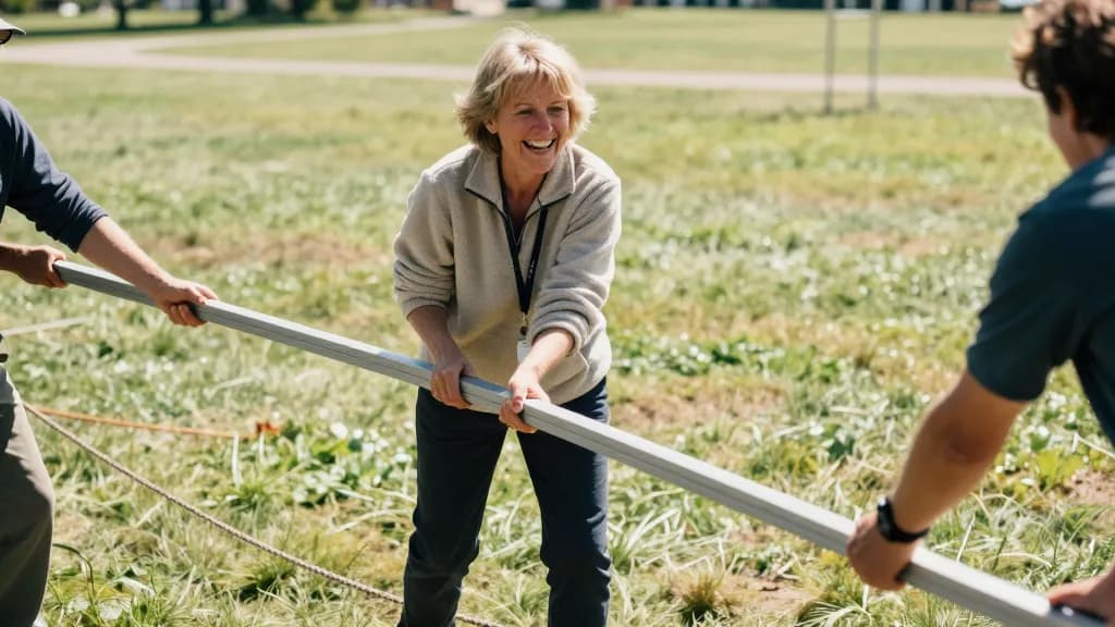 A white woman in her fifties with short sandy hair is holding a gazebo leg steady while two other people push the frame up, guy ropes trailing on the grass