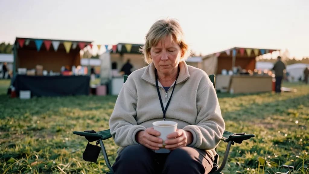 A white woman in her fifties with short sandy hair is sitting on a folding chair at the edge of the green at the end of the day with a cup of tea, the stalls…