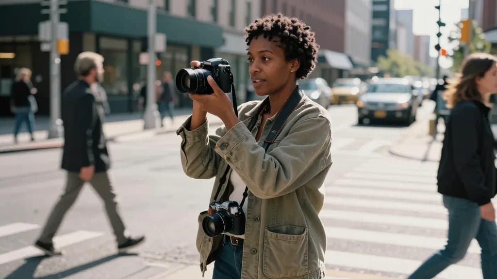 A Black woman in her thirties with short twists is standing on a city street corner with a camera raised halfway, traffic and people moving around her and th…
