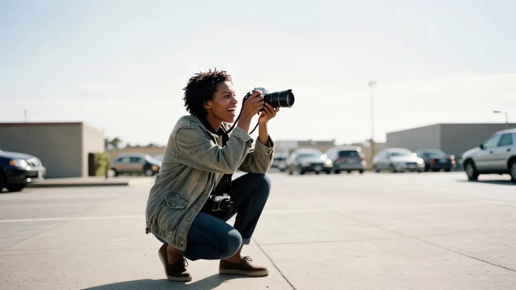 A Black woman in her thirties with short twists is crouched low on a pavement shooting upward as a flock lifts off a rooftop, the street busy and nobody else…