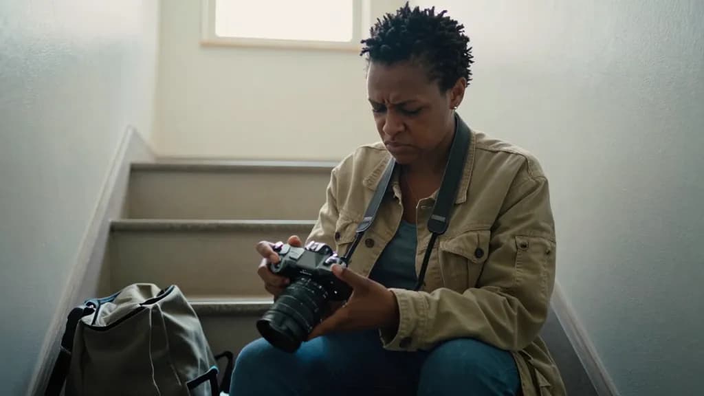 A Black woman in her thirties with short twists is sitting on a stairwell step going through the day's take on the camera screen, bag open beside her and the…
