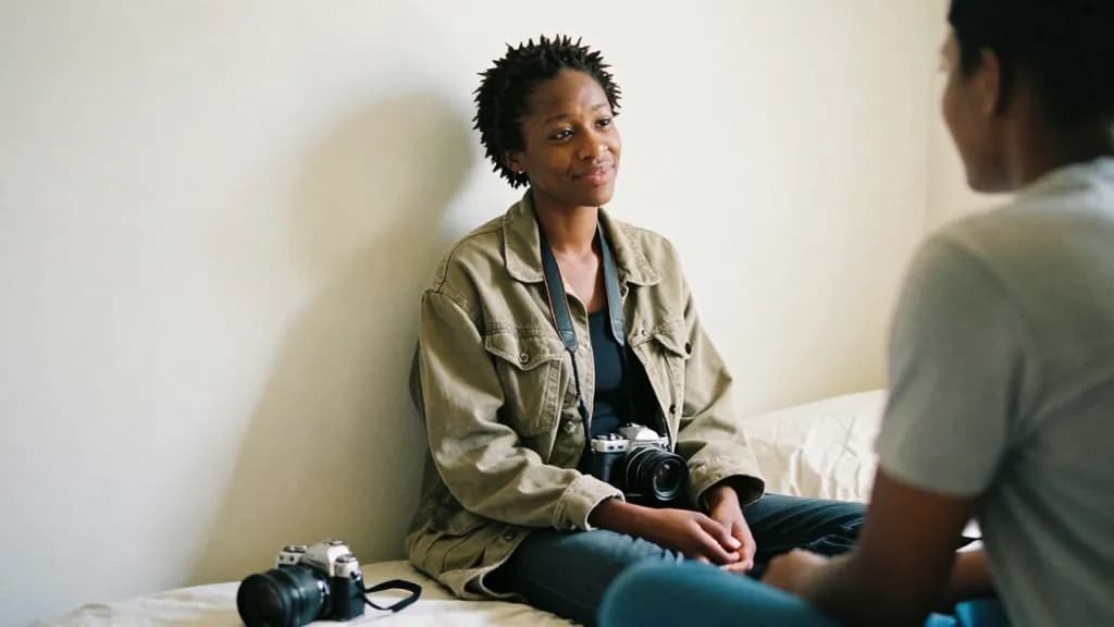 A Black woman in her thirties with short twists is sitting on a bed with her back against the wall talking to her partner sitting at the other end, the camer…