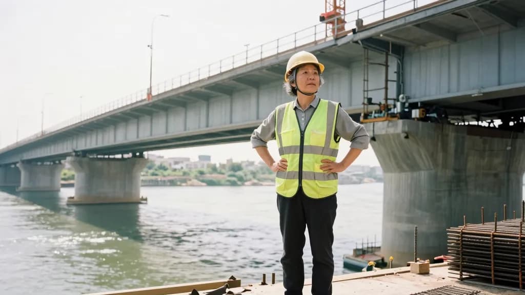 An East Asian woman in her fifties with short grey hair is standing at the abutment of a half-built road bridge with the span reaching out over a river, cran…